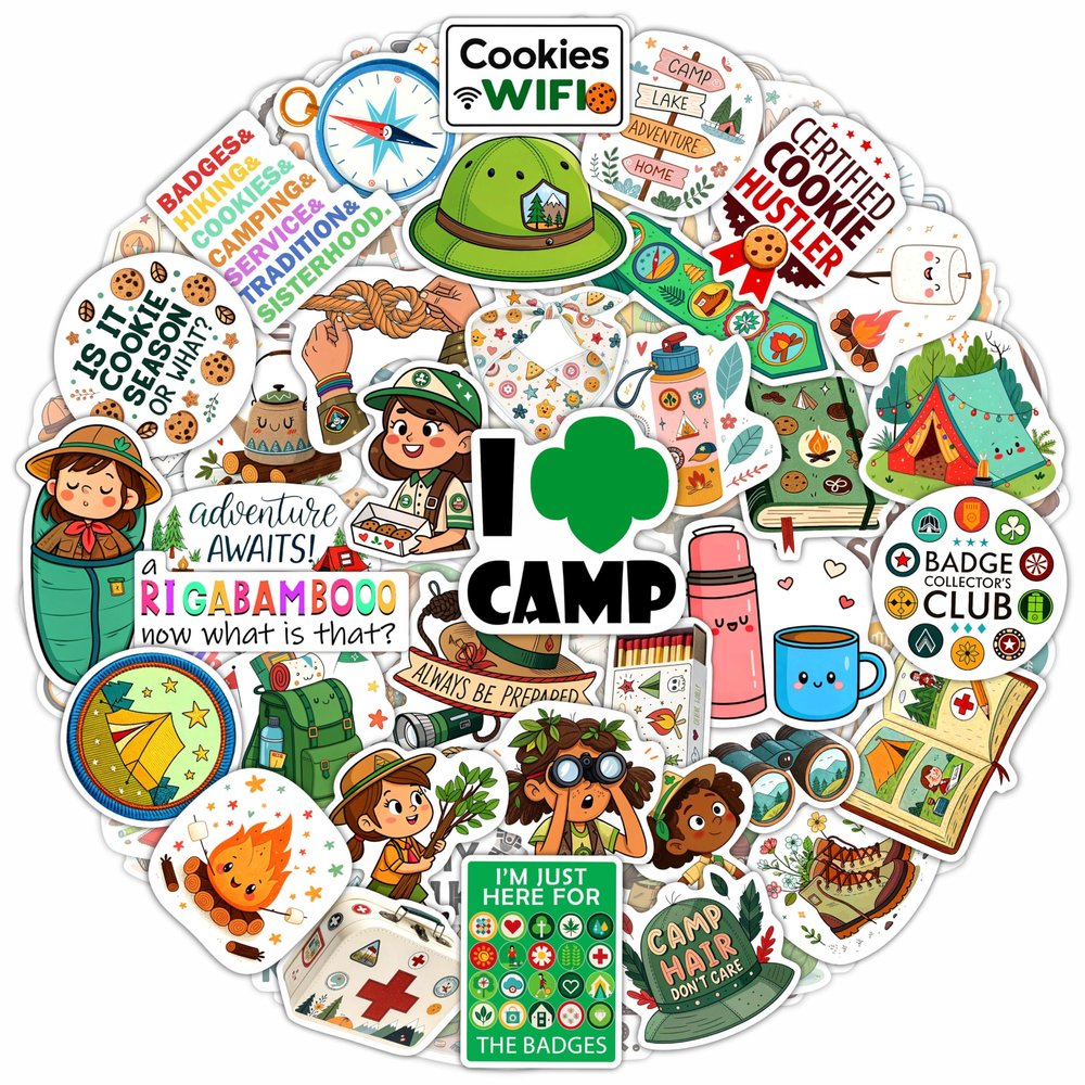 100Pcs Camping Girl Stickers for Water Bottle, Laptop - Cookie Dealer Stickers - Camping Party Supplies & Gifts for Girl - Outdor Adventure Decals - Gift for Women & Men