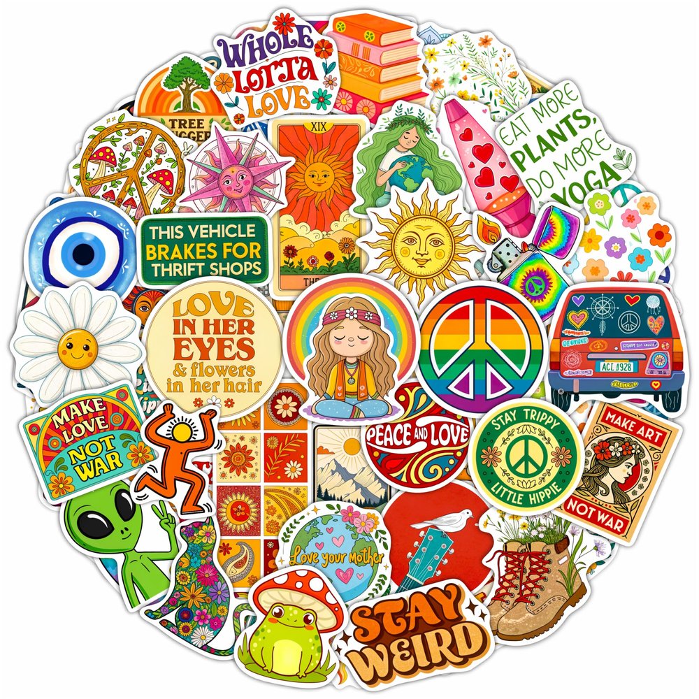100Pcs Hippie Stickers for Phones, Water Bottles, Groovy Stickers Bulk for Laptop, for Water Bottle - Hippie Gifts, Party Supplies & Decoration - Gift for Women & Men