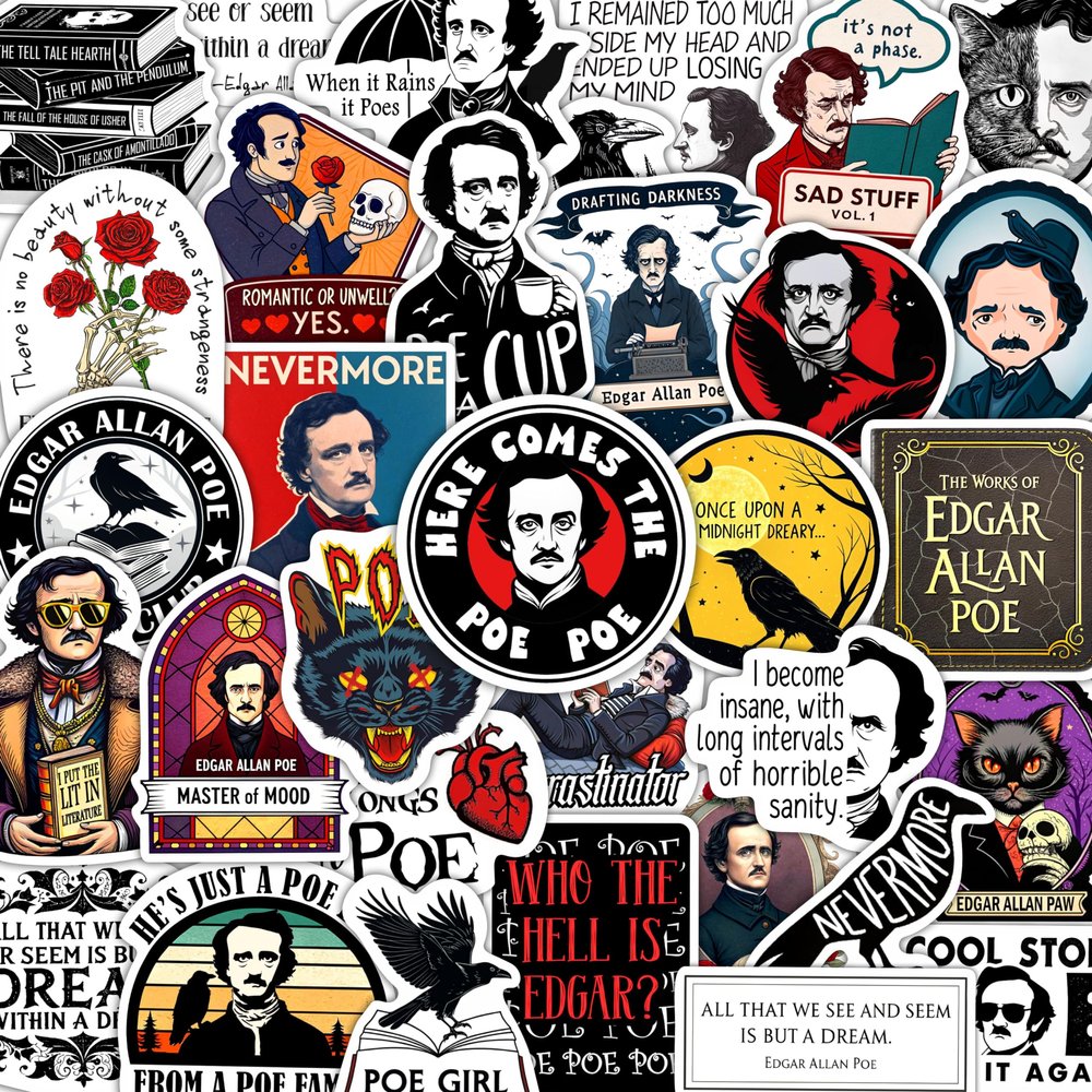 100Pcs Edgar Allan Poe Stickers for Water Bottle, for Laptop - Edgar Allan Poe Gifts, Party Supplies & Decorations, Literature Stickers - Gifts for Women & Men