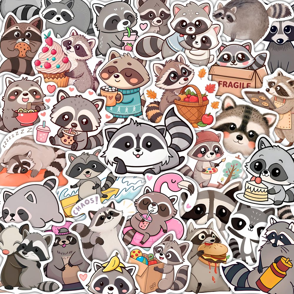 100Pcs Raccoon Stickers for Water Bottle, Laptop - Raccoon Gifts & Party Supplies - Gift for Women & Men