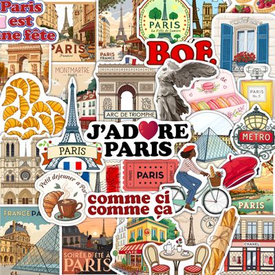 100Pcs French Stickers - Paris France Stickers for Water Bottle, Laptops - Eiffel Tower Decals - Paris Party Supplies - Gift for Women & Men