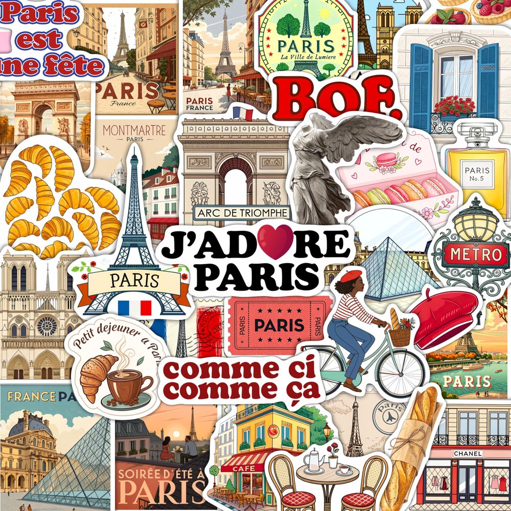100Pcs French Stickers - Paris France Stickers for Water Bottle, Laptops - Eiffel Tower Decals - Paris Party Supplies - Gift for Women & Men
