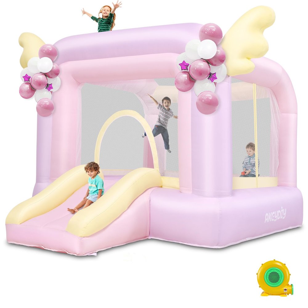 AKEYDIY Inflatable Bounce House for Kids, 106'' x 85'' x 80'' Macaron Jumping House with Slide, Balloons, Catch Ball Set, Beach Ball, Basketball