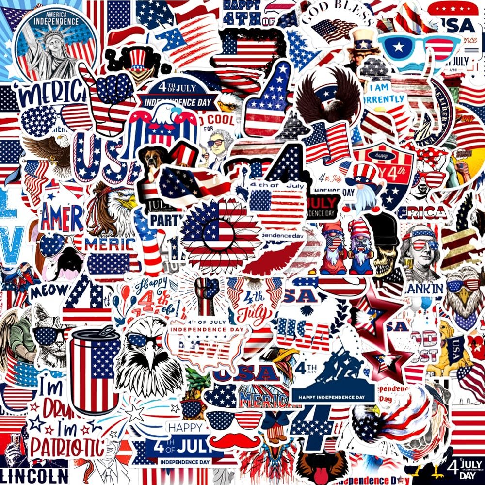 100pcs 4th of July Theme Waterproof Vinyl American Stickers - USA Patriotic Star Sticker Independence Day Red White and Blue Star Stickers for Memorial Day Laptop Water Bottle Decorations