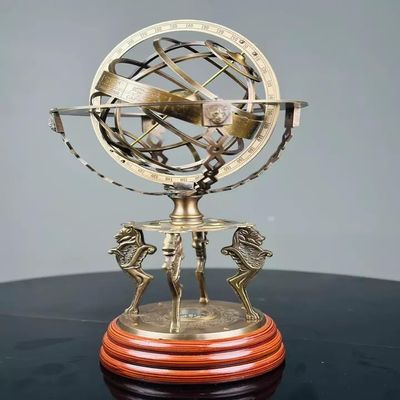 18" Brass Armillary Vintage Astrolabe Globe Zodiac Engraved with Wooden Base - Maritime Decor, Compass & Horse Head - Handmade Reproduction, Perfect for Home & Office Gift
