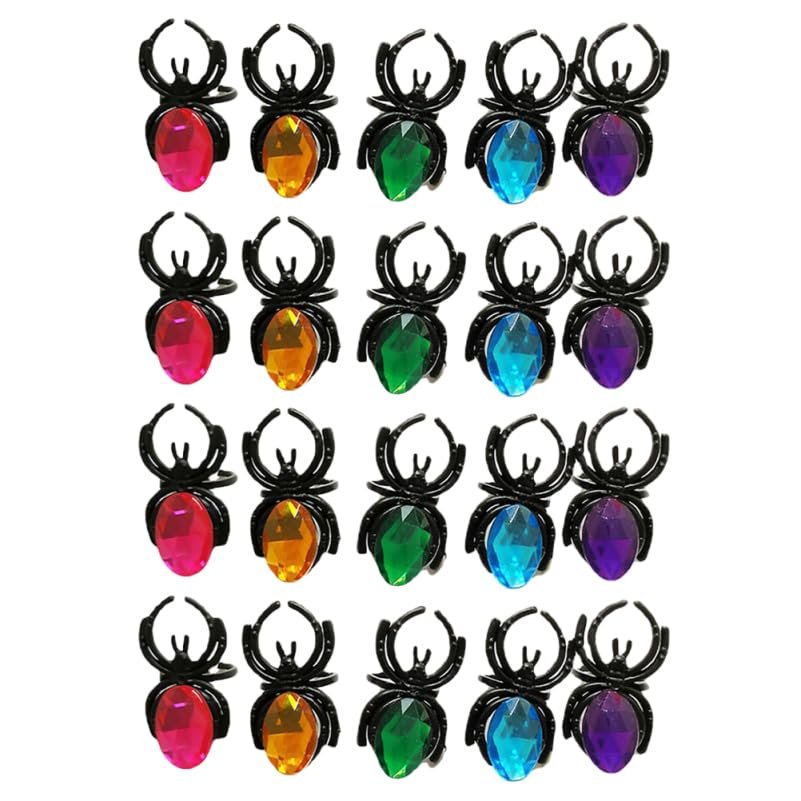 NAMOARLY Spider Rings with Fake Gem Charms 20Pcs Plastic Spider Jewelry for Party Favors and Holiday Decorations