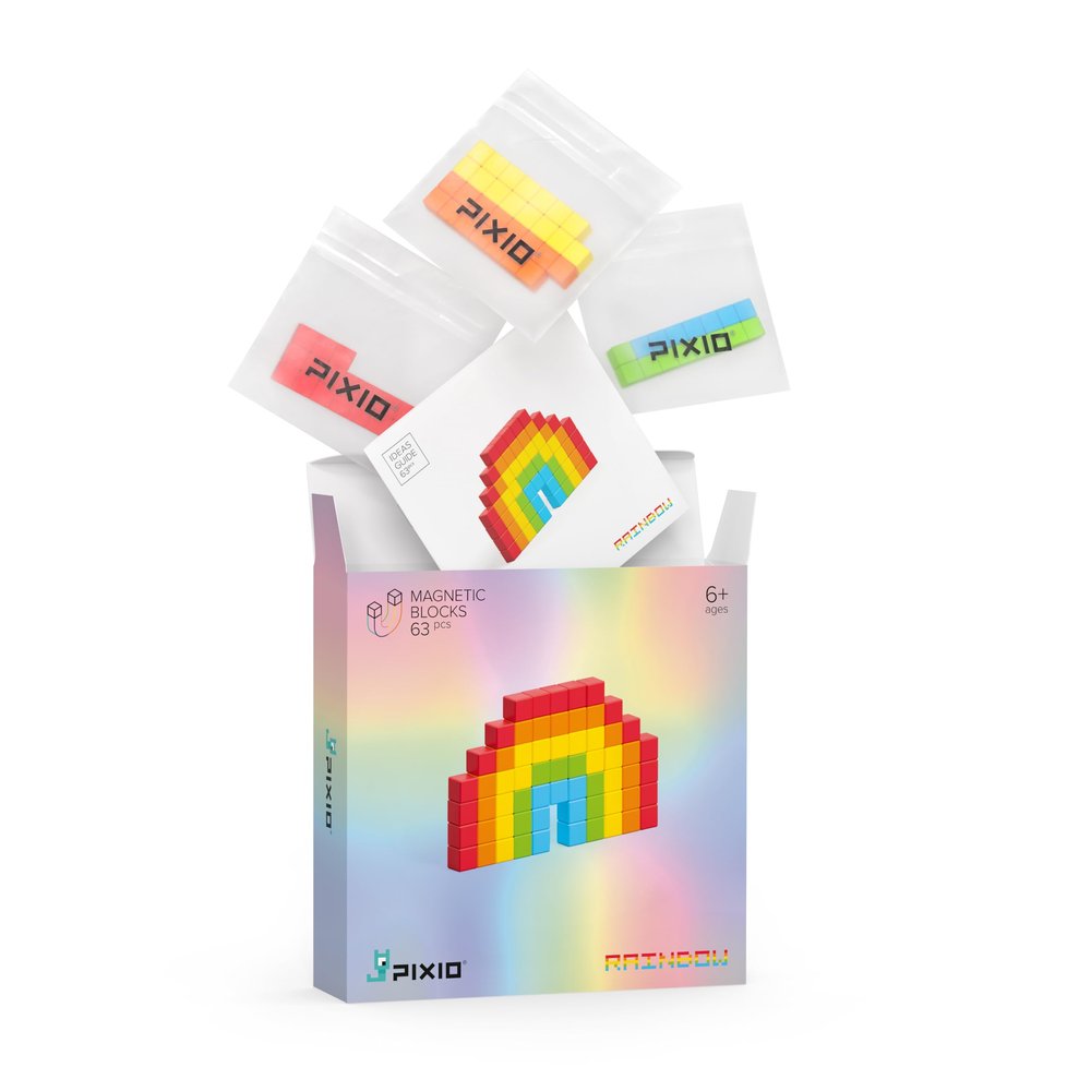 PIXIO Mini Magnetic Blocks Building Toy in The Pixel Art Style with Free App - 5/16" Plastic Cubes with Magnets Inside - Open Ended Creativity Toy for Ages 6+ - 63pcs Rainbow