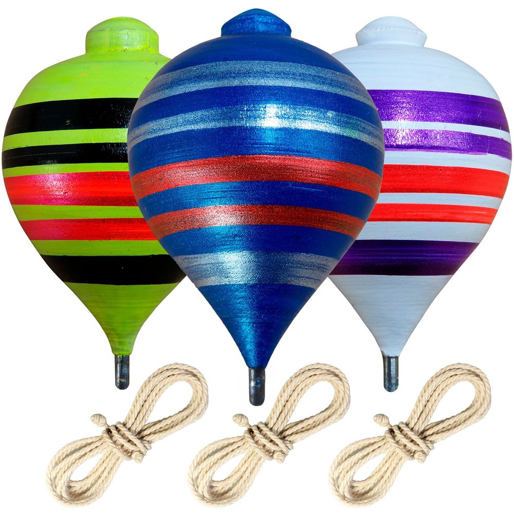 Traditional Wooden Spinning Tops Handcrafted Set of 3 Trompos with Metal Tip, Artisan Painted Finish & Strings Includes Premium Storage Bag (Neon Mix)