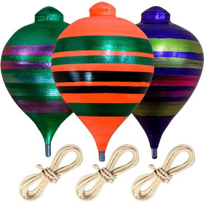 Traditional Wooden Spinning Tops  Handcrafted Set of 3 Trompos with Metal Tip, Artisan Painted Finish & Strings  Includes Premium Storage Bag (Vibrant Colors)