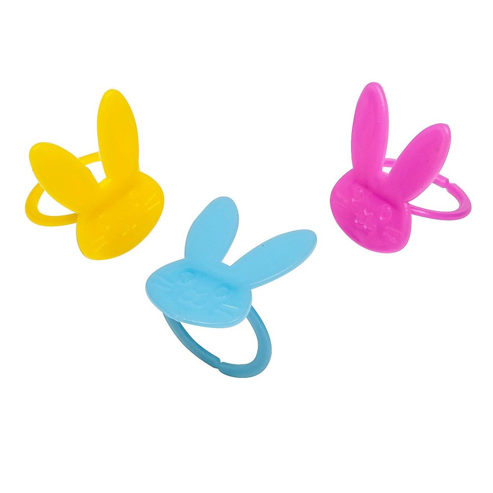 Fun Express 3/4" x 1" Bulk 144 Pieces Easter Bunny Head-Shaped Blue, Pink & Yellow Plastic Rings
