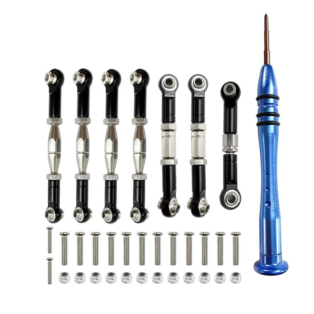 Compatible with WLtoys 144001 124018 124019 1:14 RC Car Upgrade Parts Metal Link Servo Tie Rod Steering Rod Kit with Phillips Screwdriver RC Tie Link Rods(Black)