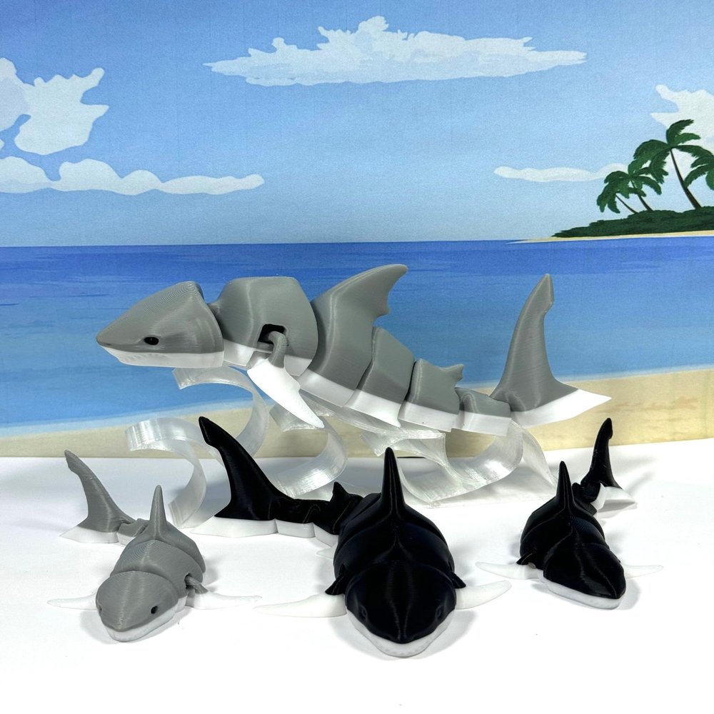 4pcs 3D Printed Sharks, Articulated Sharks, Black and White Shark Toy, Sea Animal, Fidget Toy for ADHD/Autism AS001-SET-4X