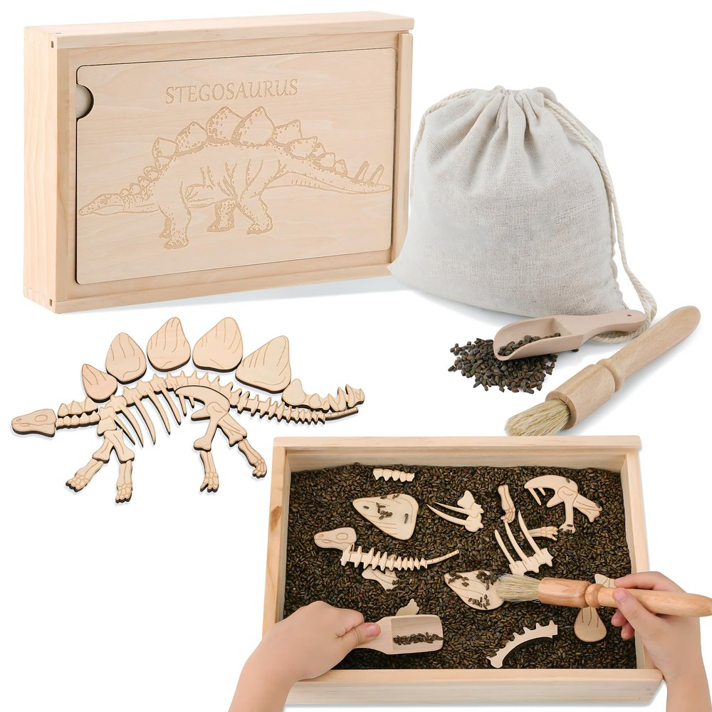 Timfuis Dino Excavation Archaeology Dig Kit, Fossil Digging Kit for Kids, Dinosaur Skeletons Bones Puzzle Game with Wooden Storage Box, STEM Toys for Boys and Girls (Stegosaurus)
