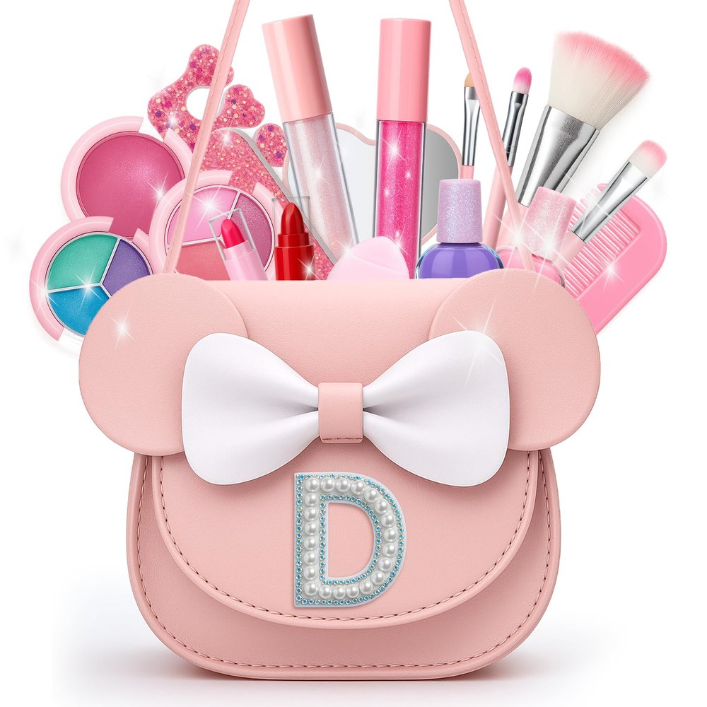 Vodolo Non Toxic Makeup for Little Girls,Safe Kids Real Makeup Sets for Girls Age 3-8 with Initial D Bag,Play Make Up Kit for Girl Easter Baskets Christmas Birthday Gift Ideas