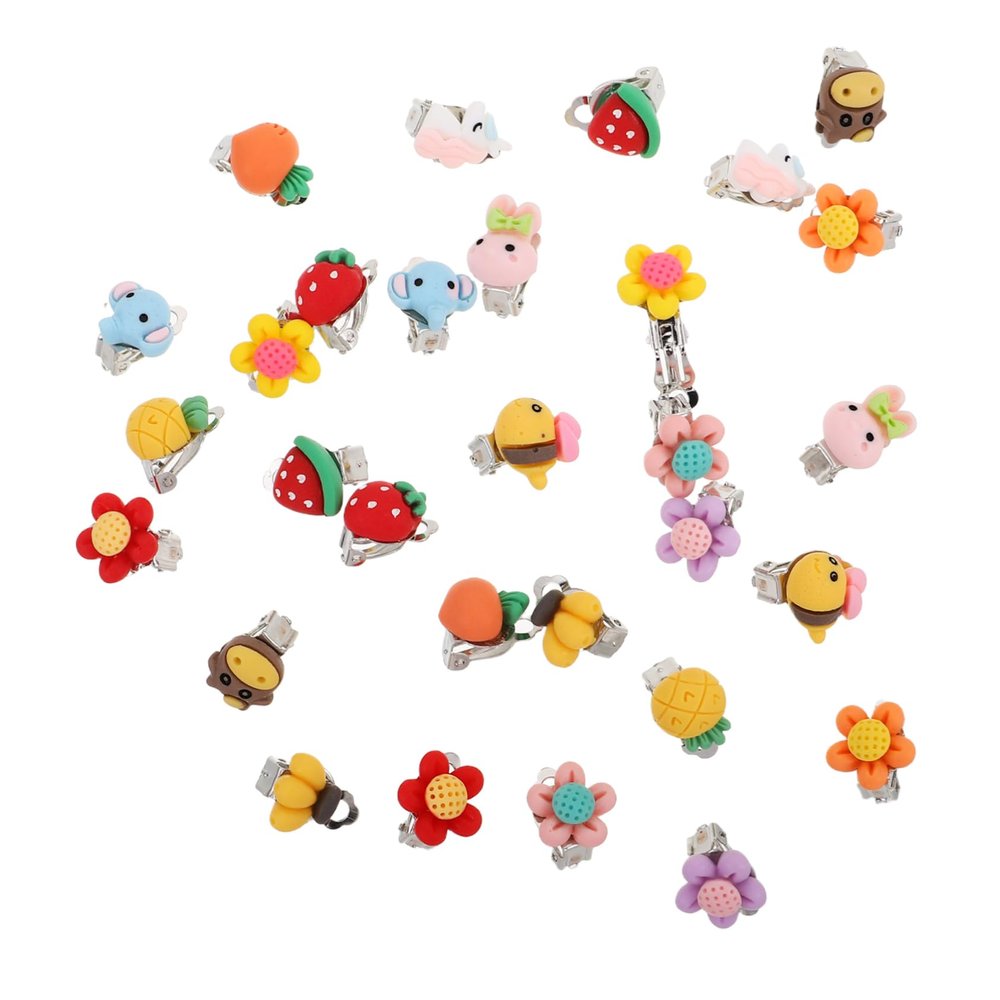 TOYANDONA 30pcs Non-pierced Clip Earrings for Little Girls Flower and Cartoon Designs Lightweight Accessories for Boy Girl Dress-up Pain Ear Clips