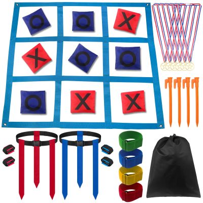 Outdoor Game Set, Kanosan Outside Giant Tic Tac Toe Bean Bag Toss Games,3 Legged Race Bands, Catch Tail Game, Field Day Birthday Party Family Reunion Carnival Yard Lawn Easter Games 28PCS