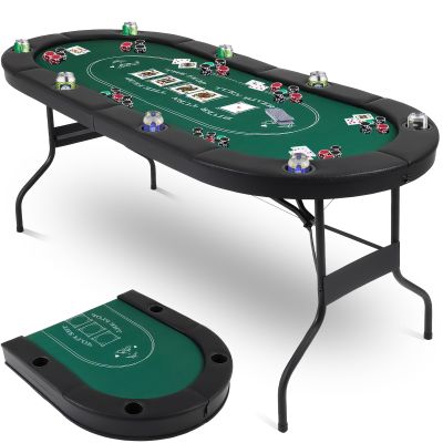 Poker Table Foldable, 8 Player Folding Poker Table, 72 Inch Blackjack Tables, Texas Holdem Blackjack Casino Game Table, Portable Folding Game Desk with Cup Holders, Green