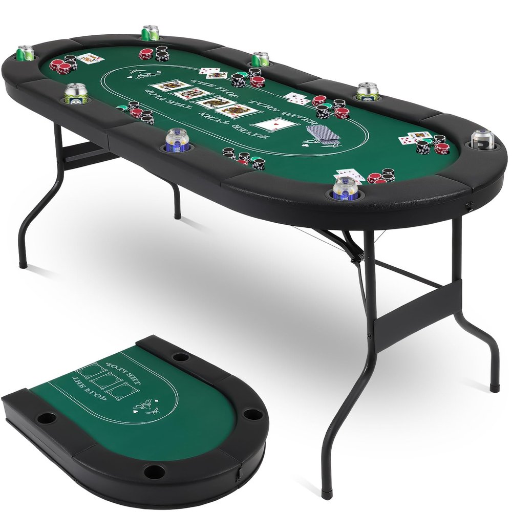 Poker Table Foldable, 8 Player Folding Poker Table, 72 Inch Blackjack Tables, Texas Holdem Blackjack Casino Game Table, Portable Folding Game Desk with Cup Holders, Green