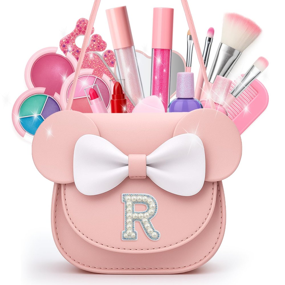 Vodolo Non Toxic Makeup for Little Girls,Safe Kids Real Makeup Sets for Girls Age 3-8 with Initial R Bag,Play Make Up Kit for Girl Easter Baskets Christmas Birthday Gift Ideas