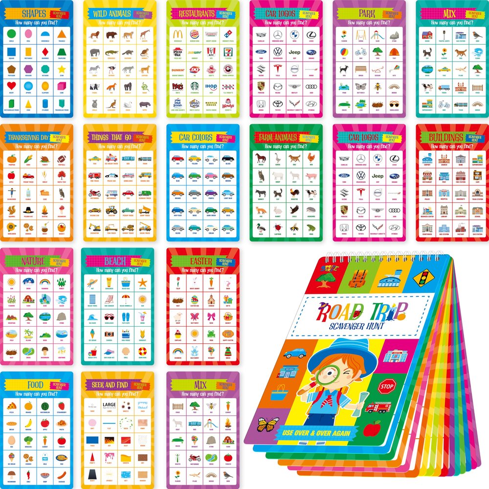 SpriteGru Scavenger Hunt Activities Book, 30 Road Trip Bingo Games, Reusable & Erasable Game Pad, Interesting Explore and Find Activity Travel Toy for Road Trip, Airplane Travel