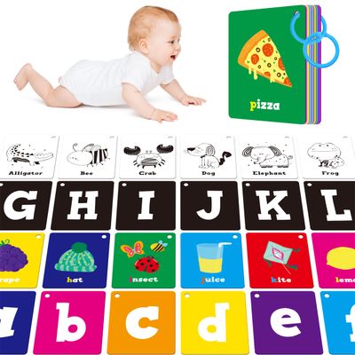 52 PCS Baby Visual Stimulus Cards, Double-Sided High Contrast Black and White, Colorful Alphabet Words Flashcards, Visual Sensory Development Montessori Cards Set for Newborn Baby, Kids, Preschool