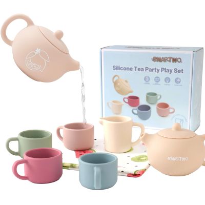 Smartwo Silicone Tea Set for Toddlers Aged 0+ Months,Real or Play Tea Party Set for Kids,Non-Toxic Baby Kitchen Toys,Cute Morandi Children Gift Suitable for Little Girl Boy(with Washable Cloth Napkin)