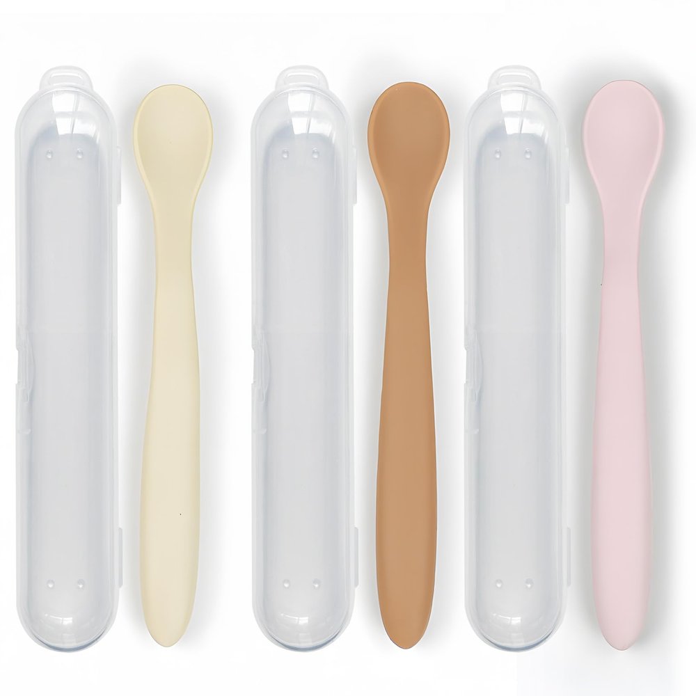 3-Piece Silicone Baby Feeding Spoons with Hygienic Travel Case, First Stage Infant Spoons, Soft-Tip Easy on Gums, Baby Training Spoon,Infant Utensils Feeding Supplies,Dishwasher & Boil-proof