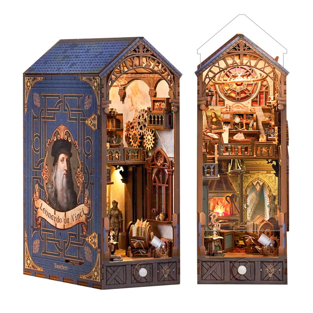Tonecheer DIY Book Nook Kit for Adults, 3D Puzzle Wooden Miniature House Kit, Booknook Dollhouse Bookshelf Insert Decor Bookend with Dust Cover and LED Lights Gifts (Leonardo da Vinci)