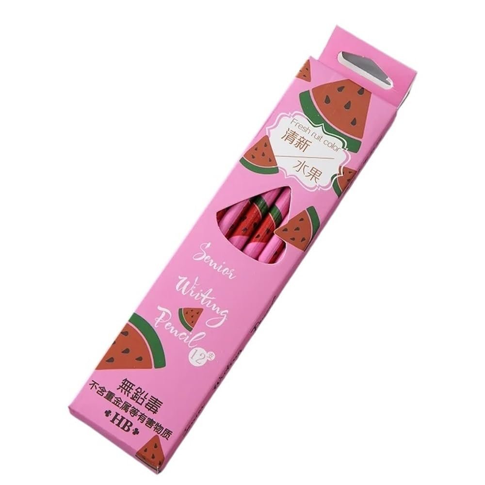 12Pcs/Set Fruit HB Pencil Cute Wooden Drawing Pencil With Rubber Sketch Pen Kids School Office Supplies Gift(Light red)