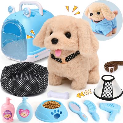 Cleboen 14pcs Robot Dog Toys for Kids Girls Boys 3-6, Realistic Electronic Interactive Plush Toy Dog with Walk & Bark, Pretend Play Puppy Pet Care Playset, 3 4 5 6 Year Old Girl Birthday Gift Ideas