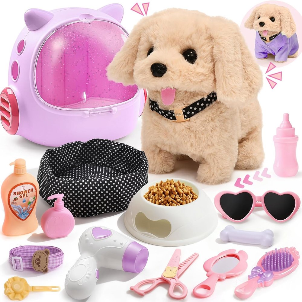 Cleboen 17pcs Robot Dog Toys for Girls Kids Boys 3-6, Realistic Interactive Robot Puppy Dog Plush Toys with Walk & Bark, Pretend Play Puppy Pet Care Playset, 3 4 5 6 Year Old Girl Birthday Gift Ideas