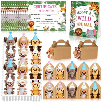 50 Pcs Safari Jungle Party Favors Include 12 Mini Forest Mini Stuffed Animals 12 Hats 12 Foldable Paper Boxes 12 Adoption Cards 1 Adoption Sign 1 Fence for Jungle Party Adopt A Jungle Animal Favors