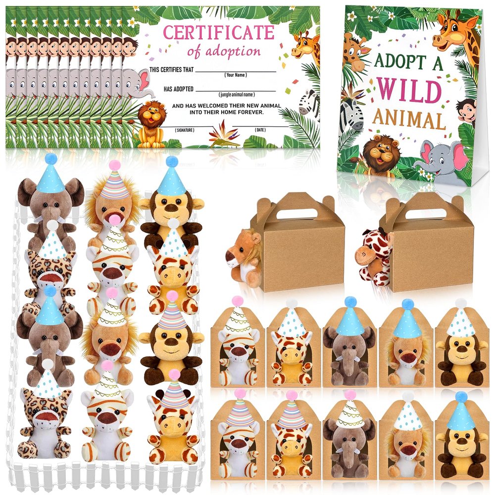 50 Pcs Safari Jungle Party Favors Include 12 Mini Forest Mini Stuffed Animals 12 Hats 12 Foldable Paper Boxes 12 Adoption Cards 1 Adoption Sign 1 Fence for Jungle Party Adopt A Jungle Animal Favors