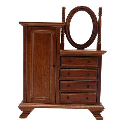 1:12 Scale Mini Wooden Dollhouse Dressing Table, Handmade Birch Cabinet with Mirror, 4 Drawers for Dollhouse Decor, Ideal for 1/12 Scale Dollhouses