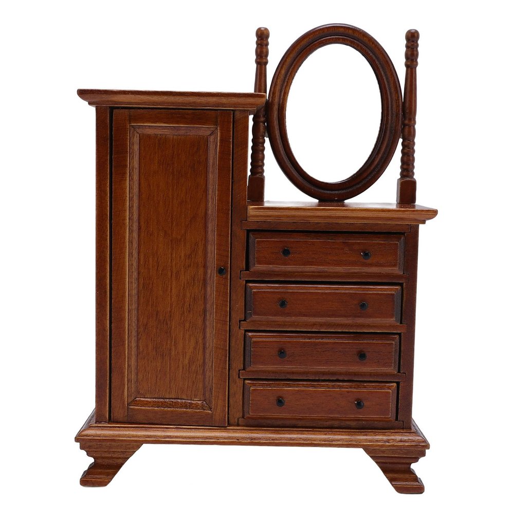 1:12 Scale Mini Wooden Dollhouse Dressing Table, Handmade Birch Cabinet with Mirror, 4 Drawers for Dollhouse Decor, Ideal for 1/12 Scale Dollhouses