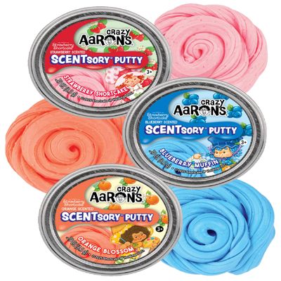 Crazy Aaron's Scent Sory Putty Strawberry Shortcake, Orange Blossom and Blueberry Muffin Mini Tins Gift Sety Bundle - 3 Pack (.29 oz Each)