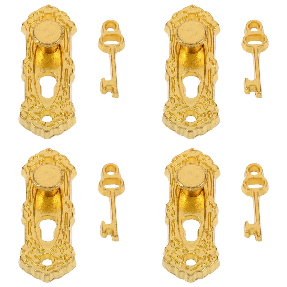 4Set Gold 1/12 Miniature Door Knob Lock and Key Dollhouse Decoration Accessories