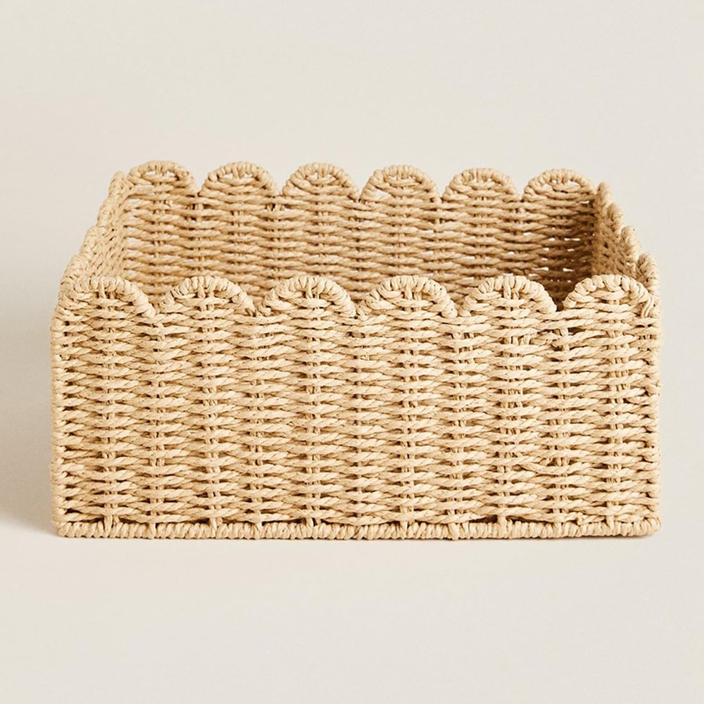 Scalloped Basket, Handwoven Seagrass & Wicker Storage Bins for Bathroom, Nursery, Shelves - Textured Decor Organizer with Curved Edges (Seagrass, M-14"10.6"6")