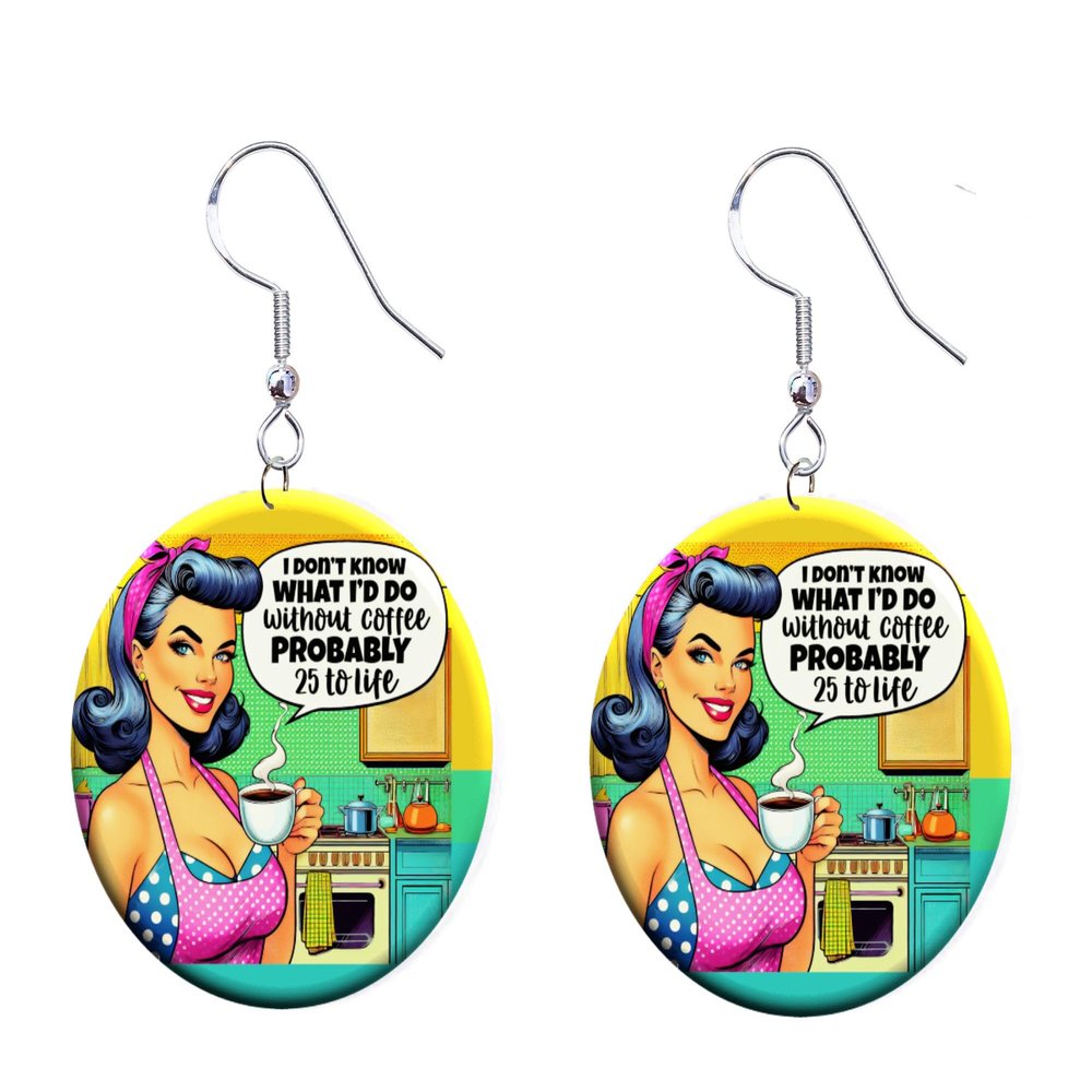 Retro Pinup Girl, Funny Coffee design, Waitress, Restaurant, 1 inch Button Earrings Jewelry