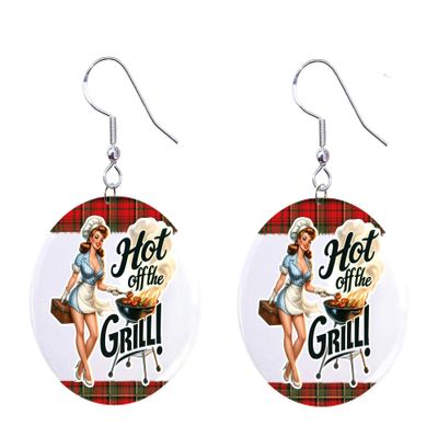 Retro Pinup Girl, Hot Off The Grill design, BBQ, Waitress, Restaurant, 1 inch Button Earrings Jewelry