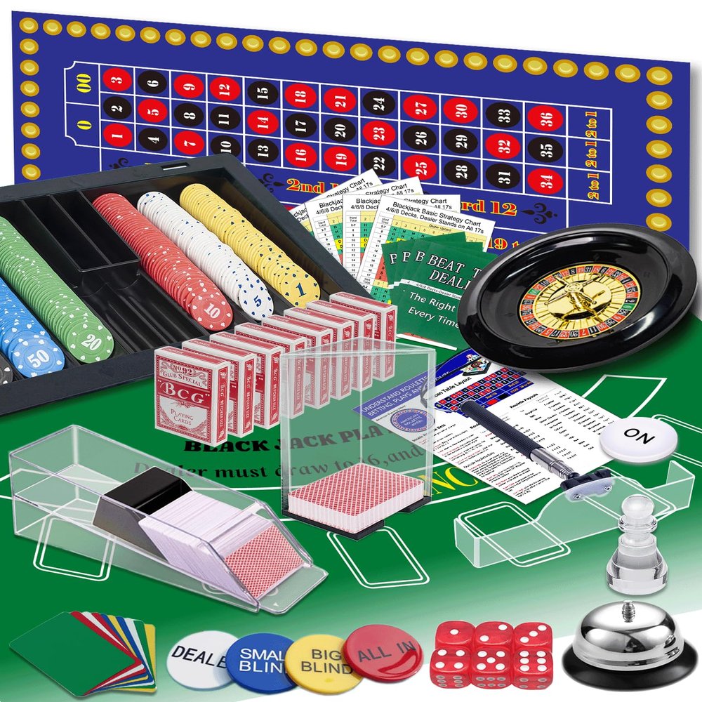 5 in 1 Super Casino Game Set: Blackjack/Roulette/Craps/Texas Hold'em/Poker Kit with Shoe+Discard Tray+360 Chip+8 Deck Card+Roulette Wheel+2 Felt+Stratedgy Card+Chip Rake01