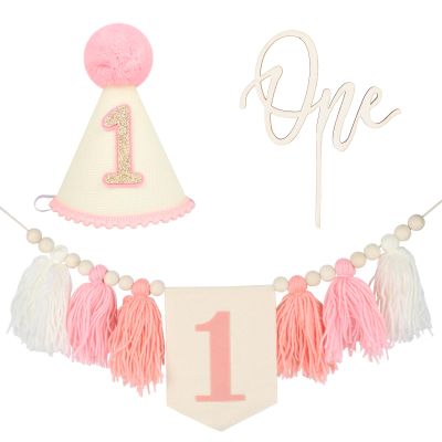 1st High Chair Banner Wood Bead Tassel Garland Banner, Pink and White First Birthday Cone Hat with One Cake Topper Happy Birthday Party Decorations for Baby Girls