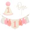 1st High Chair Banner Wood Bead Tassel Garland Banner, Pink and White First Birthday Cone Hat with One Cake Topper Happy Birthday Party Decorations for Baby Girls view 1