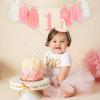 1st High Chair Banner Wood Bead Tassel Garland Banner, Pink and White First Birthday Cone Hat with One Cake Topper Happy Birthday Party Decorations for Baby Girls view 3