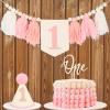 1st High Chair Banner Wood Bead Tassel Garland Banner, Pink and White First Birthday Cone Hat with One Cake Topper Happy Birthday Party Decorations for Baby Girls view 4