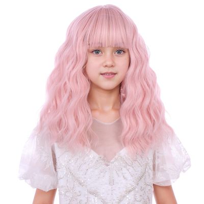 DUDUWIG Children Pastel Pink Wig Kids Short Light Pink Wavy Curly Wigs Girls Wig with Air Bangs Synthetic Cosplay Hair Wigs