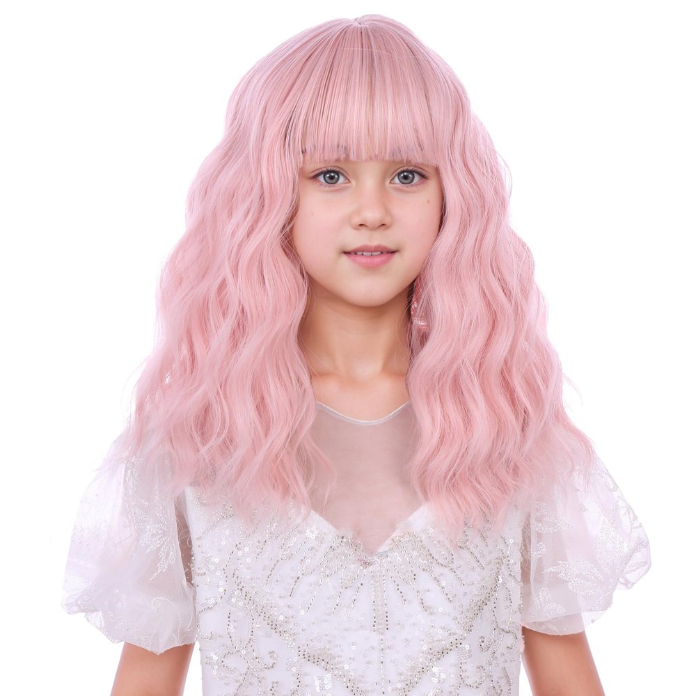 DUDUWIG Children Pastel Pink Wig Kids Short Light Pink Wavy Curly Wigs Girls Wig with Air Bangs Synthetic Cosplay Hair Wigs