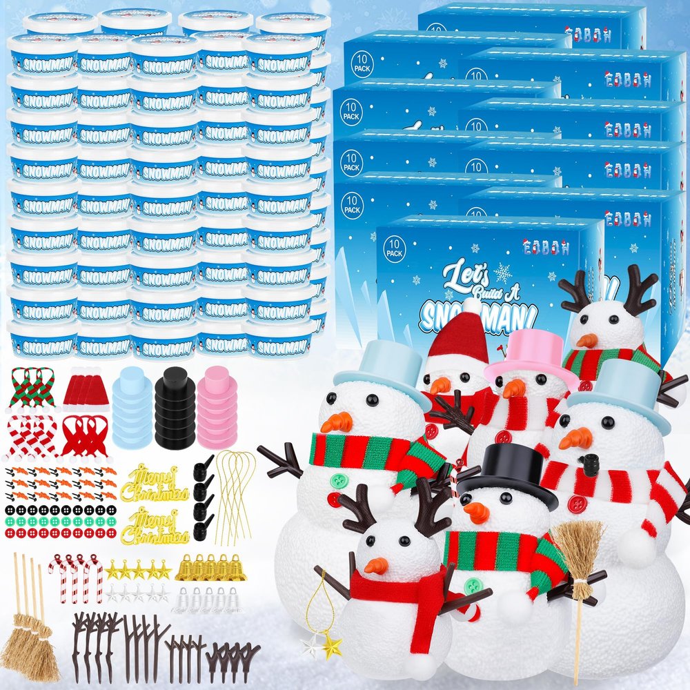 EOBOH 100pcs Snowman Craft, Build a Snowman Kit Indoor Decor, Snowman Kit DIY Christmas Ornaments, Creative Air Dry Modeling Clay Bulk, Xmas School Family Party Activities Snowman Making Set
