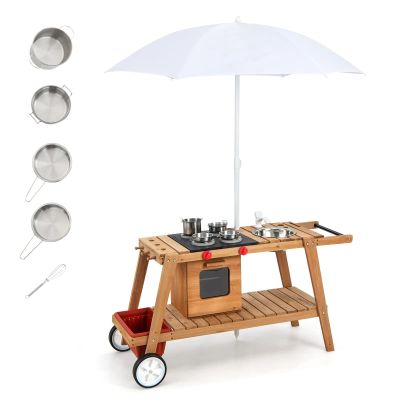GLACER Outdoor Kids Kitchen Play Set, Wooden Mud Kitchen Toy w/Realistic Sounds, Wheels, Removable Umbrella & Ample Storage Space, Toddle Cooking Playset for Aged 3+ Years Old (White)