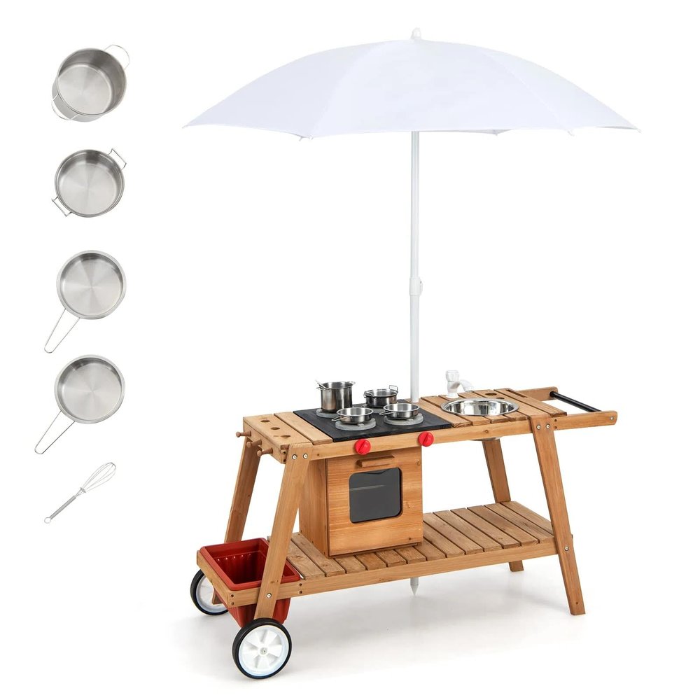 GLACER Outdoor Kids Kitchen Play Set, Wooden Mud Kitchen Toy w/Realistic Sounds, Wheels, Removable Umbrella & Ample Storage Space, Toddle Cooking Playset for Aged 3+ Years Old (White)